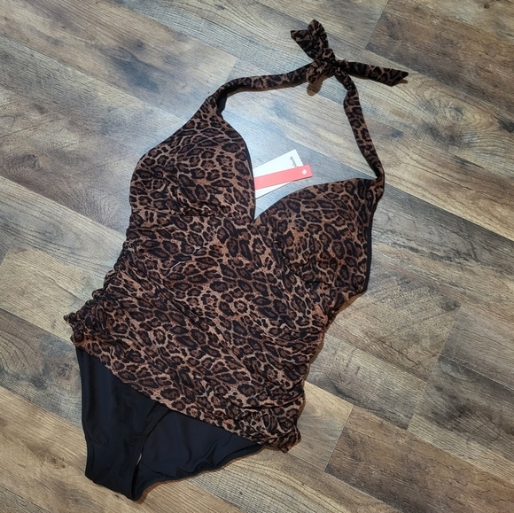 Popilush Leopard Print V Neck Halter Tummy Control One Piece Swimsuit Size L - Picture 8 of 12